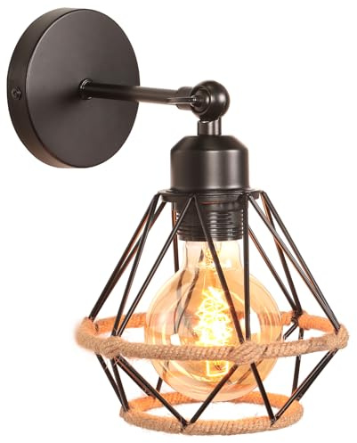 TOKIUS Wandlampe Vintage 16CM Industrial Wandleuchte Innen Retro E27 Lampe aus Eisen Käfig Lampenschirm mit Hanfseil Verstellbare Wandlampe Deckenleuchte für Flur Schlafzimmer Wohnzimmer (Schwarz)