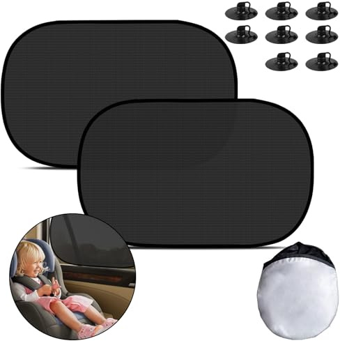 Parasol Coche Lateral Bebe, Parasol de Coche, para Proteger del Sol a bebés y Mascotas,Coche Sun Shade con 8 Ventosa para la Mayoría de los Vehículos 51x30cm Pack de 2 Unidades (Negros)