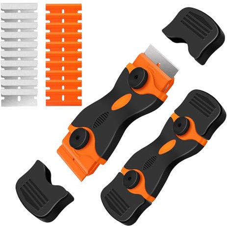 Double Edged Non Scratch Scraper Cleaning Tool with 10 Steel and 10 Plastic Blades Scrapers, Glass Scraper for Windows, Cleaning Scrapers Tool Set for Labels Paint Caulk Floor Stickers Decals
