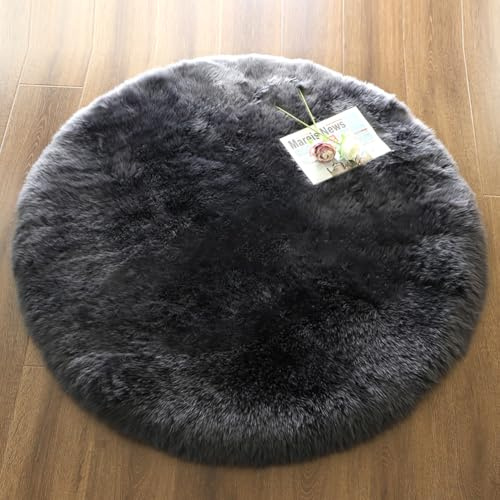LLB Genuine Sheepskin Rug Plush Soft Throw Area Rug Fur Carpet Fluffy Shaggy Sheepskin Rug for Living Room Kids Bedroom Luxury Home Decor Rectangle (Carbon Gray, Round 48'')