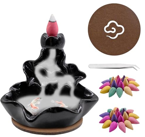 Griwuut Waterfall Backflow Incense Burner, Ceramic Incense Cone Holder for Meditation, Relaxation, Purification and Yoga Gifts with 60 Cones, Tongs and a Table Mat