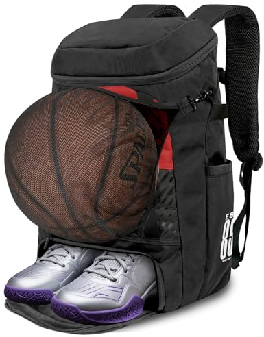 KINGSLONG Zaino da pallacanestro, grande capacità, con scomparto per scarpe e ganci per recinzione, leggero, pallavolo, softball, attrezzatura per racchette, caschi, cappelli, rosso e nero