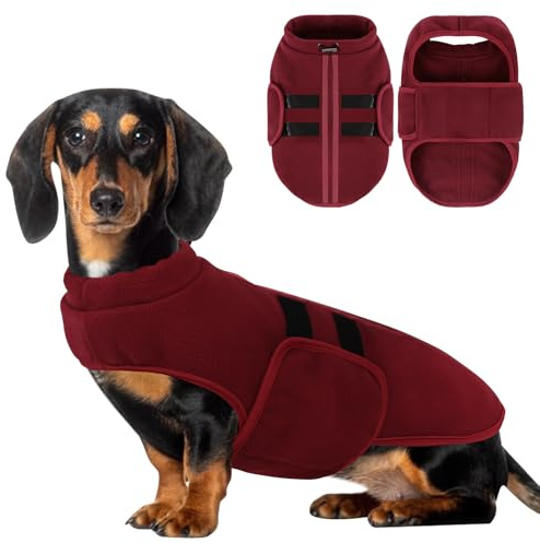 PUZAUKAL Justerbar hundfleece jumper väst, varm vinter hundrock för små, medelstora och stora hundar, tax chihuahua yorkie mysiga fleecejackor (vinröd L)