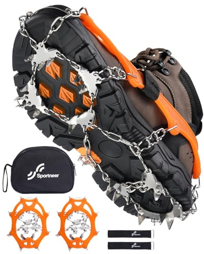 Sportneer Crampons： Ice Cleats for Shoes and Boots with 28 Spikes - Traction Slip-on Stretch Footwear for Walking and Shoveling on Ice and Snow - Lightweight for Women and Men