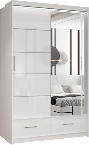 MN Furniture Sycylia High Gloss Sliding Door Wardrobe with Mirror, LED Light & Bottom Drawers | Available in 150cm, 208cm, 255cm (White, 150cm)