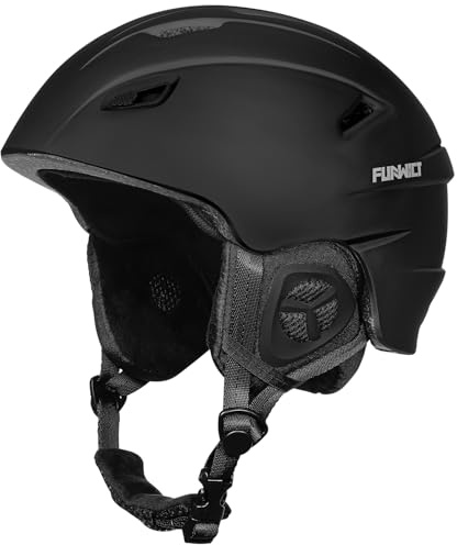 FUNWICT Casco da sci per uomo e donna, regolabile, con 12 aperture di ventilazione, fodera interna rimovibile e cuscinetti auricolari, leggero, per sport invernali (nero, L: 59-61 cm)