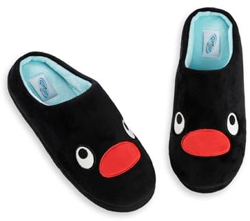 Pingu Pantuflas tipo mule para mujer | Pantuflas negras mullidas para interior | Calzado cómodo para casa | Ropa de estar por casa con temática de dibujos animados
