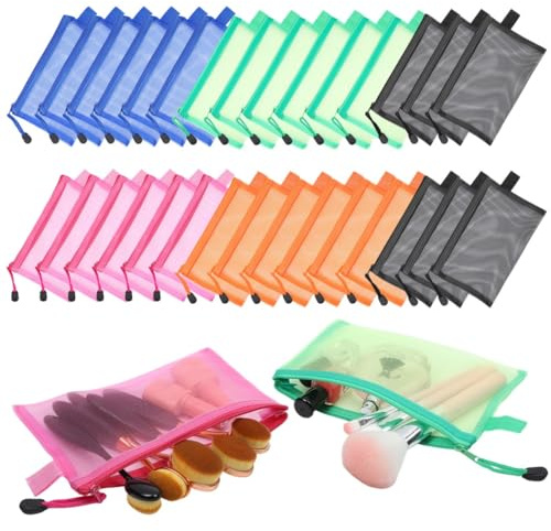 A6 Coetic Bags, 30 Pcs Mesh Pouches with Zippers, Clear Nylon Organizers, Assorted Zippered Bags, Portable Zip Wallets for The Office, School, Travel, Stationery Storage