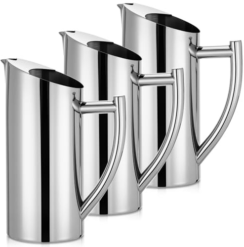 Yiyiring 3 Pack Stainless Steel Pitcher with Ice Guard, Beveled Mouth Modern Polished Kettle with Handle Metal Serving Pitcher Iced/Hot Drink Jug for Tea, Coffee, Juice, Beer (33 oz)
