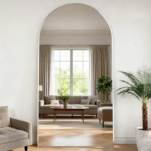 NEUWEABY Espejo de Cuerpo Entero 198 x 96 cm Espejo arqueado Plata Espejo de Suelo arqueado con Soporte Colgado o Apoyado en la Pared para la Entrada del Dormitorio, Sala de Estar