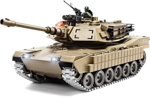 DBshoot 1/18 Metal US M1A2 Remote Control Tank, RC Tank with Smoke, Sound & LED Lights, 330° Turret Rotation, RC Thant Shoots BBS & 60 Minutes