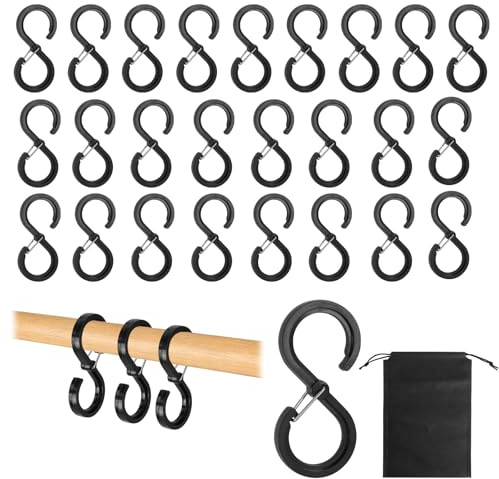 25 ganchos en forma de S, color negro, pequeño con bolsa de almacenamiento, ganchos en S para colgar, ganchos para colgar en forma de S, ganchos de plástico, ganchos para barra de ropa, para cocina