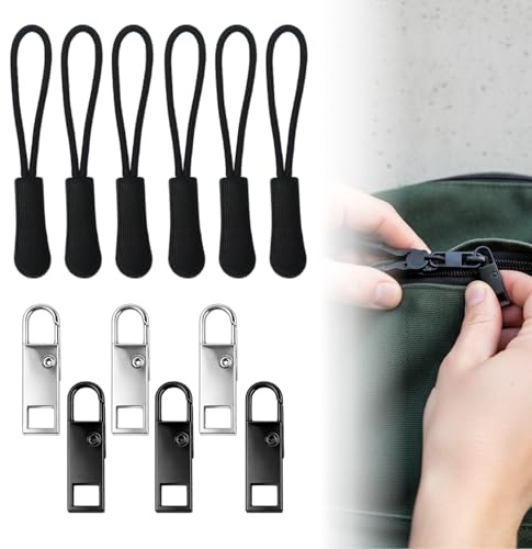 Reißverschluss Anhänger & Zipper Ersatz Set 12 Stück, Metall & Nylon Pull Zipper für Koffer, Rucksäcke, Jacken, Schuhe, Mantel, Reißverschluss Reparatur, Ersatz Zipper Tabs, einfach zu montieren