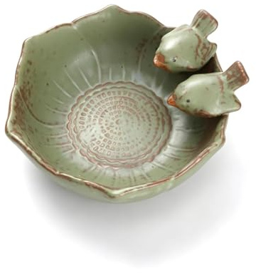 TLDBATICE Mangiatoia per Uccellini da Esterno in Ceramica, Decorazioni Abbeveratoio per Uccelli con 2 Uccellini Decorativi, Resistente al Gelo Mangiatoia per Uccelli per Giardino Terrazza, Verde