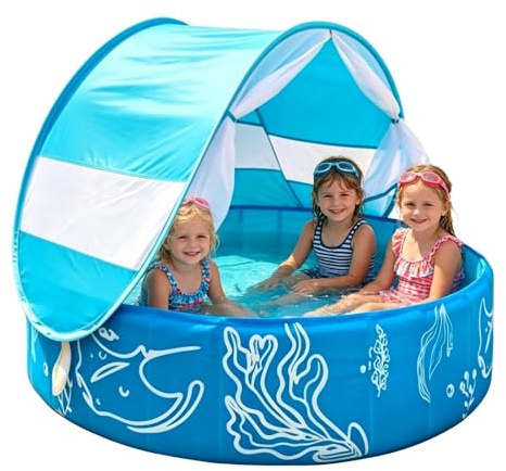 Piscina Infantil para Niños,con Toldo Solar Y Red De Protección Plegable No Inflable,Piscina Plegable De 119,9x30 Cm | para Juegos Al Aire Libre En Verano, Parque, Playa, Viajes Y Diversión