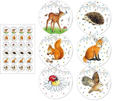 48 STICKER: Aufkleber WALDTIERE in gemischten Farben mit Girlande und mit 6 Tieren: Hase, Rehkitz, Fuchs, Igel für Geschenke zum Kindergeburtstag oder Waldkindergarten • (Format 4 cm, rund, matt)