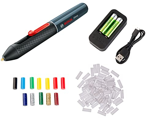 Bosch Akku Heißklebestift Gluey Smoky Grey (mit 20 Klebesticks, im Karton) grau + Bosch 2608002004 Mini Sticks 70tlg. (Transparente Klebesticks, Zubehör für Heißklebestift Gluey)