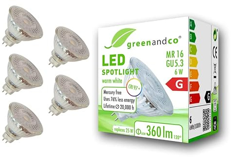 5x greenandco CRI 97+ 2700K 110° LED-spot ersätter 25W GU5.3 MR16 halogenstrålkastare, 6W 360lm varmvit 12V AC/DC, flimmerfri, inte dimbar