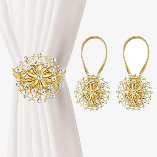 2 PCS Magnetic Curtain Tiebacks, Crystal Decor Curtain Ties for Drapes No Drilling Drapery Holdbacks with High-Elastic Spring Wire for Home Office Window Decorative Holdback, Gold