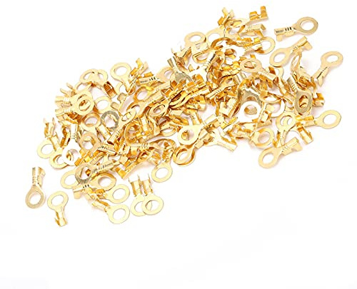 M5 Ring Terminals Bare Brass Heavy Duty Crimp Connectors for Battery Cable Wiring Brass M5 Ring Shape Cold Pressed Non Insulated 100Pcs