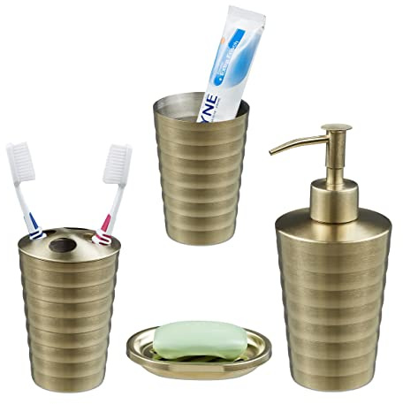 Relaxdays Badezimmer Set, 4-teilig, Seifenspender, Seifenschale, Zahnputzbecher, Zahnbürstenhalter, Edelstahl, Gold