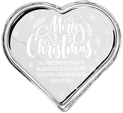 Herz & Heim® Leonardo Glasdose in Herzform mit personalisiertem Aufdruck (Merry Christmas Weiß)