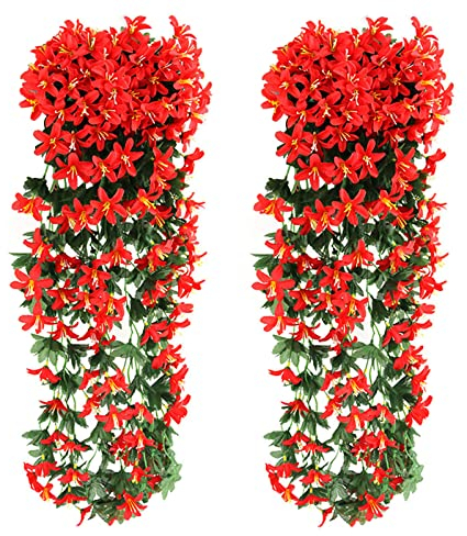 2 Stück 80CM Kunstpflanze Hängend Lilie Seidenblumen Künstliche Blumen Wie Echt Rosa Kunstblumen Wie Echt Einzeln Kunstblume Hängepflanze für Büro, Party, Hochzeit, Zuhause, Dekoration