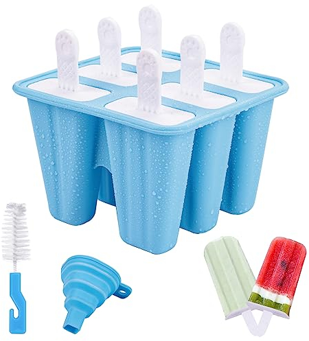 Moldes de Helado, 6 Cavidades Molde de Paleta de Silicona Sin BPA, Juego de Moldes para Polos, DIY Popsicle Mold con 1 Plegable Embudo y 1 cepillo de limpieza - Azul