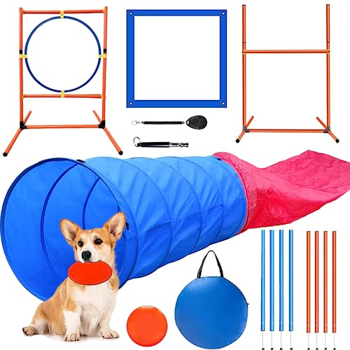 Kvittra Dog Agility Training Equipment Set, Dog Agility Course Backyard Set Dog obstacle course play kit with 2 Dog Jump, Hürde, Blind and Standard Tunnel and Weave Poles for Indoor Outdoor Games