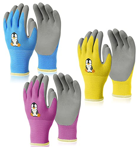 OSDUE Guanti da Lavoro da Giardino per Bambini, Set di 3 Guanti da Giardinaggio, Flower Power da Terra e Piantagione, 5-7 Anni per Ragazzi e Ragazze