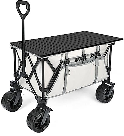 WRJAHCG Bollerwagen Faltbar,Garten Handwagen Faltbar Breite Tragfähigkeit 90Kg Reifen Transportwagen Kapazität 150L Mit Seitentasche Verstellbarem Griff No Brakes,Silver Gray,with Table Board
