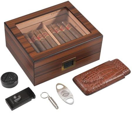Volenx Boîte a Cigare, Cave à Cigare en Cèdre Espagnol Capacité 25-50 Cigare Cubain, Humidor Cigares avec Briquet à 3 Jets, Etui a Cigares, Hygromètre, Humidificateur, Superbe Cadeau pour Hommes