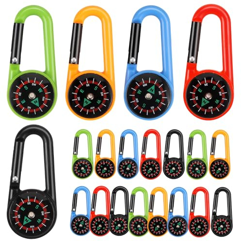 20 Stück Kompass Schlüsselanhänger Bunte Mini Karabiner Kompass Schlüsselhalter Reißverschluss Fixer für Outdoor Wandern Camping Party Spielzeug