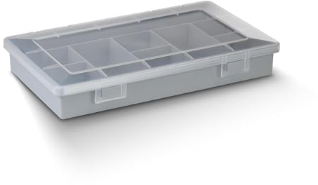 TOX 094900909 Boîte Assortie en Plastique Robuste, 9 Compartiments Fixes, Boîte de Tri pour Ranger Clairement de Petites Pièces, Couvercle Transparent, Empilable, 29L x 18.5l x 4.6h cm, Gris, 1 pièce