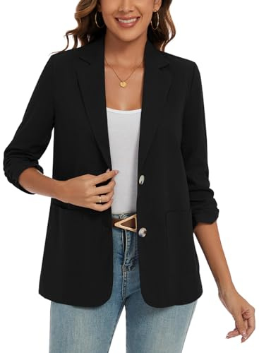 MINTLIMIT Black Blazer for Women Cotton Linen Jackets 3/4 Ruched Sleeve Blazers Summer (Black S)