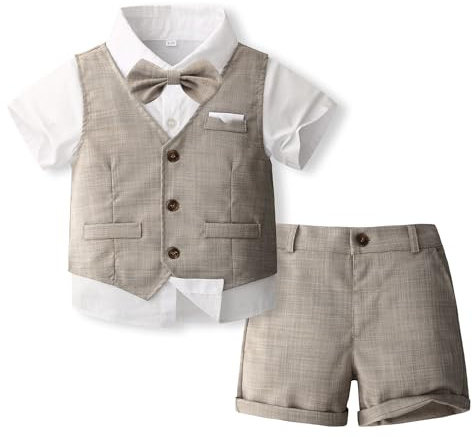 Volunboy Elegant kostym barn skjortor fluga väst + shorts sommar bröllopsceremoni kläder 4 delar, Djup kaki, 4-5 anni
