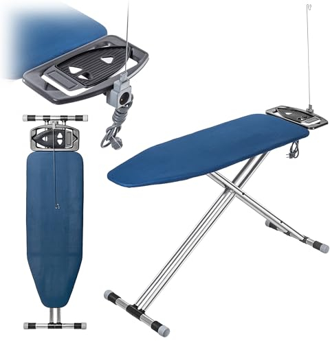 KADAX 120 x 42 cm Folding Aluminium Ironing Board with Iron Rest and Cable Holder, Height-Adjustable Ironing Board with Socket (Dark Blue)