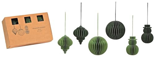 6er Set Christbaumschmuck aus Papier – Honeycomb/WABENFALL Figuren in edlem Dunkel-Grün & Salbei-Grün | Faltbare Weihnachtsdeko im Set mit Kugel, Lampion & Schneeman