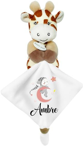 KDO MAGIC - Doudou personnalisé - Personnalisable avec Un prénom - Peluche personnalisée - Cadeau Naissance, garçon, Fille, bébé, Anniversaire (Lune Rose, Girafe)