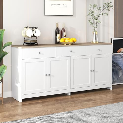 Ymkua Sideboard, Buffetschrank, Kommode für Wohnzimmer und Esszimmer, Aufbewahrungsschrank mit 4 Türen und 3 Schubladen, Moderner Wohnzimmerschrank, 160x37x75 cm, Holz und Weiß
