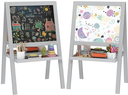 AIYAPLAY - Caballete infantil de doble cara, con pizarra blanca y pizarra, con estantes de almacenamiento incluidos, de 18 a 48 meses, color gris