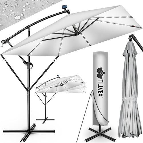 tillvex® Sombrilla de Jardín Rectangular Ø 330 cm con Manivela + Funda con Manivela | Sombrilla con soporte & Protección Viento | Parasol mercado impermeable + Protección UV (Gris - con LED)