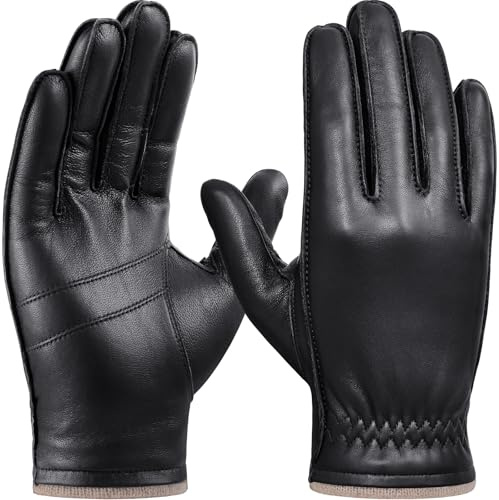 GSG sedan 1998 läderhandskar för män för körning – kromfria fårskinn vinterhandskar med ullfoder, pekskärmsfingrar och elastisk manschett M25001, Svart, XL