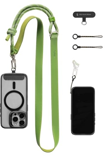 SMALLRIG Phone Shoulder Strap, Justerbar Halsband eller Axelrem för Alla Smartphones, Premium Läder & Nylon, Inbyggd Krok för Nycklar & Tillbehör, för iPhone för Samsung, Grön - 5301
