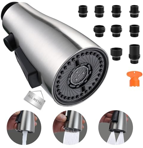 Metal Kitchen Faucet Head Replacement, 3-Function Pull Down Spray Head for Kitchen Faucet, High Pressure Sink Spray Nozzle with 9 Adapters Compatible with American Standard, Brushed Nickel