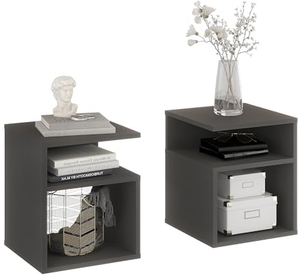 KOMTO Nachttisch 2er Set Antrazit – Nachtschrank, Beistelltisch mit 2 offene Fächer, Nachtischschränke für Schlafzimmer, Wohnzimmer | Bedside Table KABA 35 x 35 x 41,5 cm