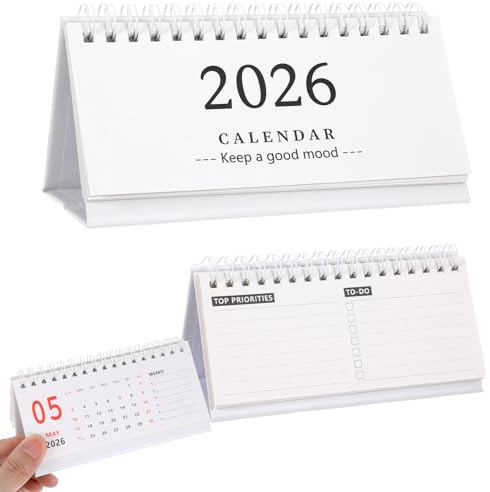 Tyqour Mini calendario de escritorio 2025-2026, calendario mensual 2025.7-2026.12, oficina abatible pequeño de pie para escuela, hogar y oficina (blanco)