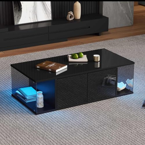 PUGSDRLY Table Basse 100 x 50 x 30 cm avec 2 armoires, Plateau en Verre trempé, éclairage LED et façades laquées pour Un Style Moderne.