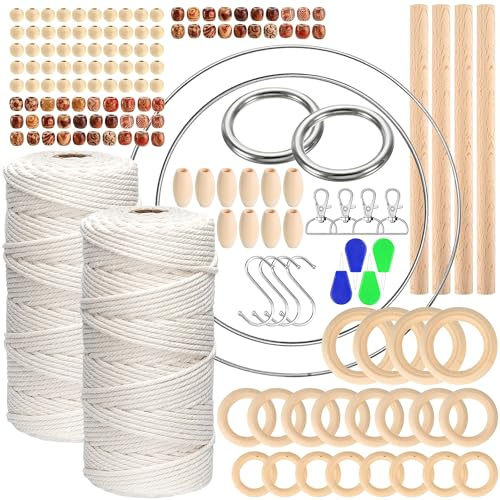 Kit de macramé para adultos, con cordón de macramé de 3 mm, 200 m, 110 cuentas de madera, 20 anillos de madera, 4 palos de madera, 4 anillos de metal y otros accesorios, kit de manualidades de macramé