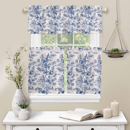 Window Tier and Valance 3 Piece Set, Blue Chinoiserie Garden Pavilion Kitchen Rod Pocket Curtains Privacy Drapes, Asian Scenic Hill Boat Plant Light Filter Window Treatment for Bedroom Cafe Home Decor